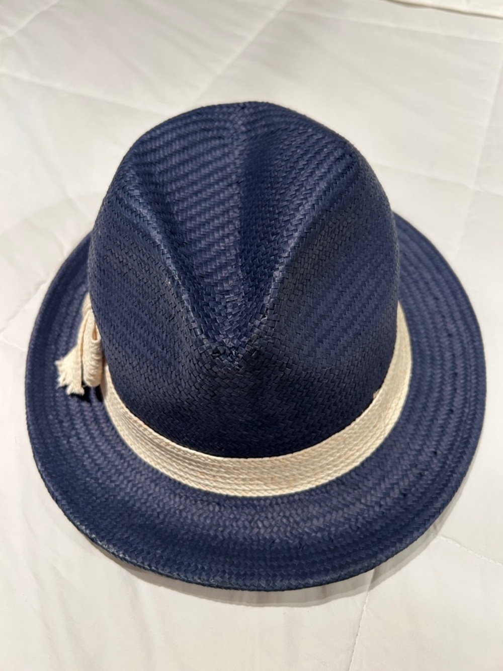 Kate Spade Navy Blue Straw Fedora with Cream Band